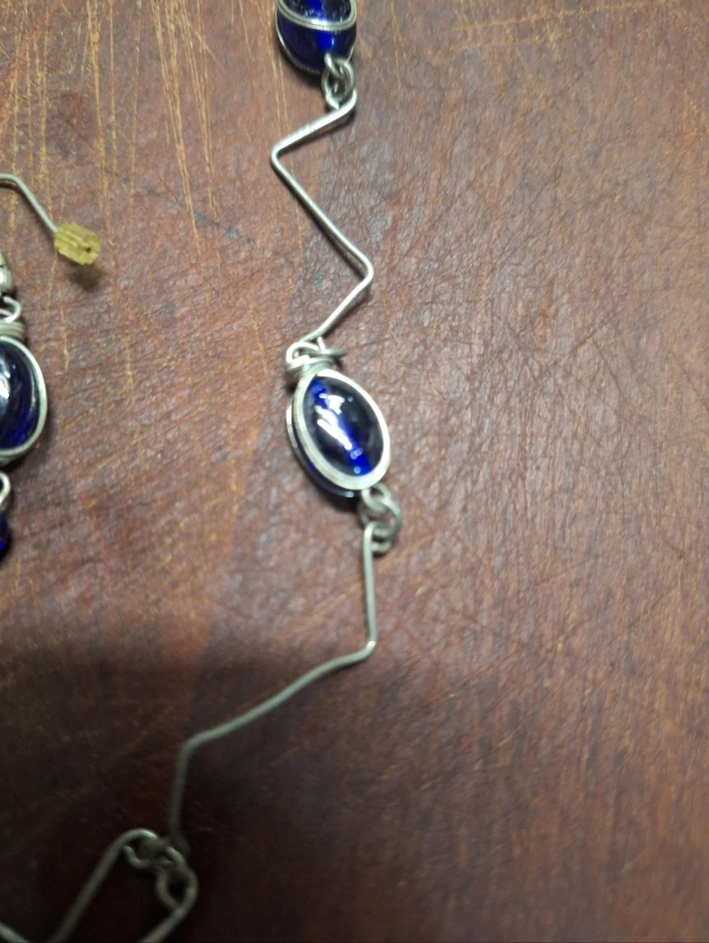 Silver Tone Blue Oval Glass Lapis Link Station Necklace w/ Matching Earrings